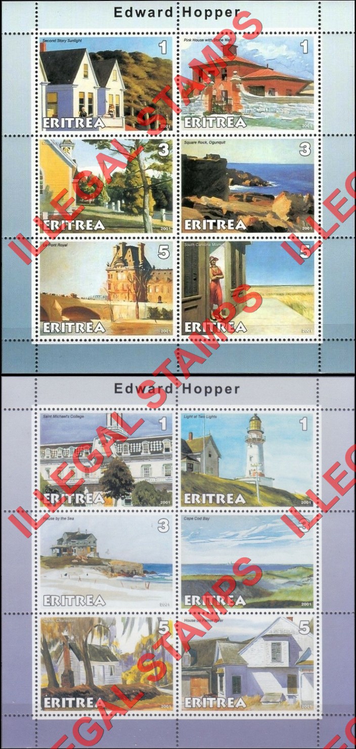 Eritrea 2001 Edward Hopper Paintings Counterfeit Illegal Stamp Souvenir Sheets of 6 Eritrea 2001 Edward Hopper Paintings Counterfeit Illegal Stamp Souvenir Sheets of 6